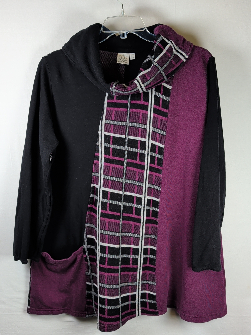 Parley & Sage Fine Knit Colorblock Swing Tunic - Size 1X - Plaid Plum Artsy